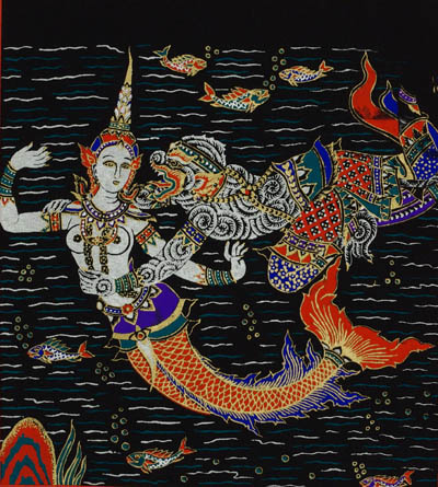 serigraphie du cambodge ramayana sirene sur fond noir